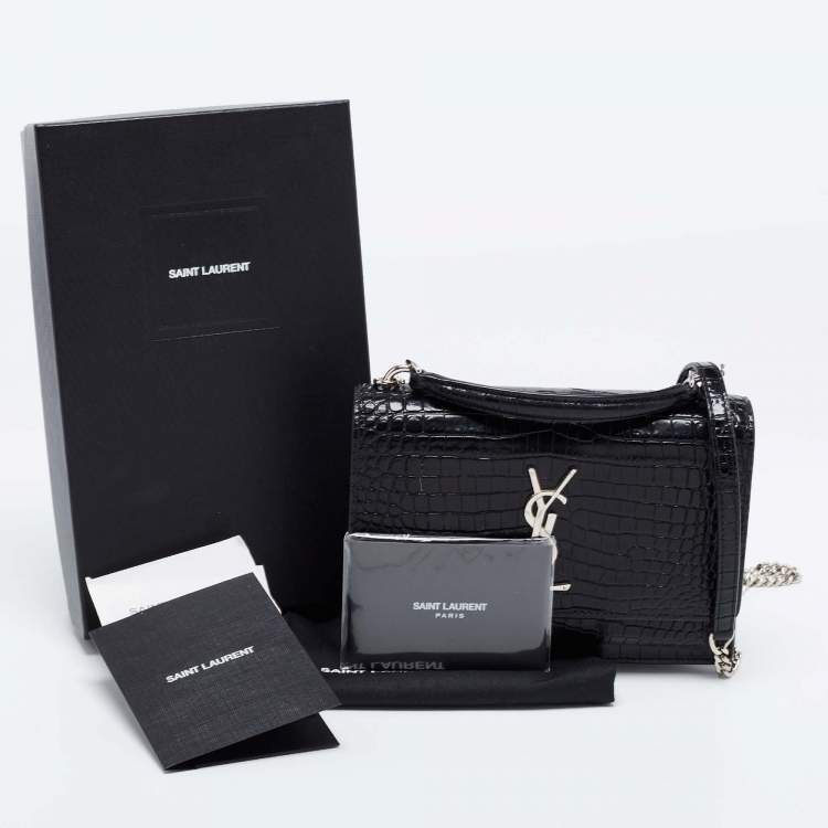 Pre Owned Saint Laurent Black Croc Embossed Leather Small Sunset Shoulder Bag