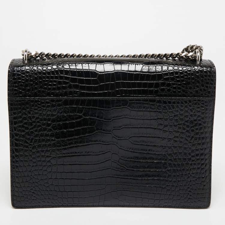 Pre Owned Saint Laurent Black Croc Embossed Leather Large Sunset Shoulder Bag