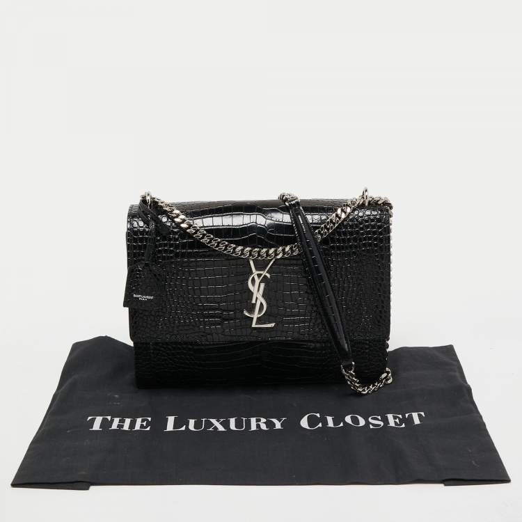 Pre Owned Saint Laurent Black Croc Embossed Leather Large Sunset Shoulder Bag