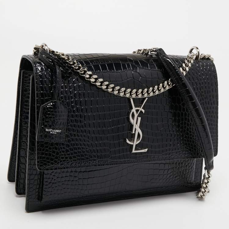 Pre Owned Saint Laurent Black Croc Embossed Leather Large Sunset Shoulder Bag