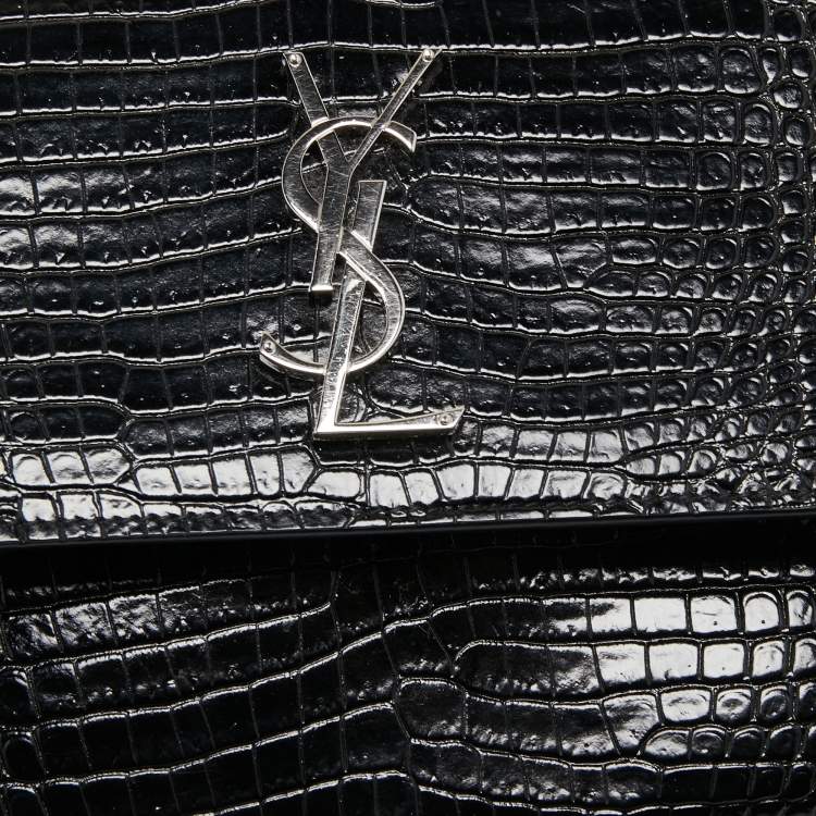 Pre Owned Saint Laurent Black Croc Embossed Leather Large Sunset Shoulder Bag