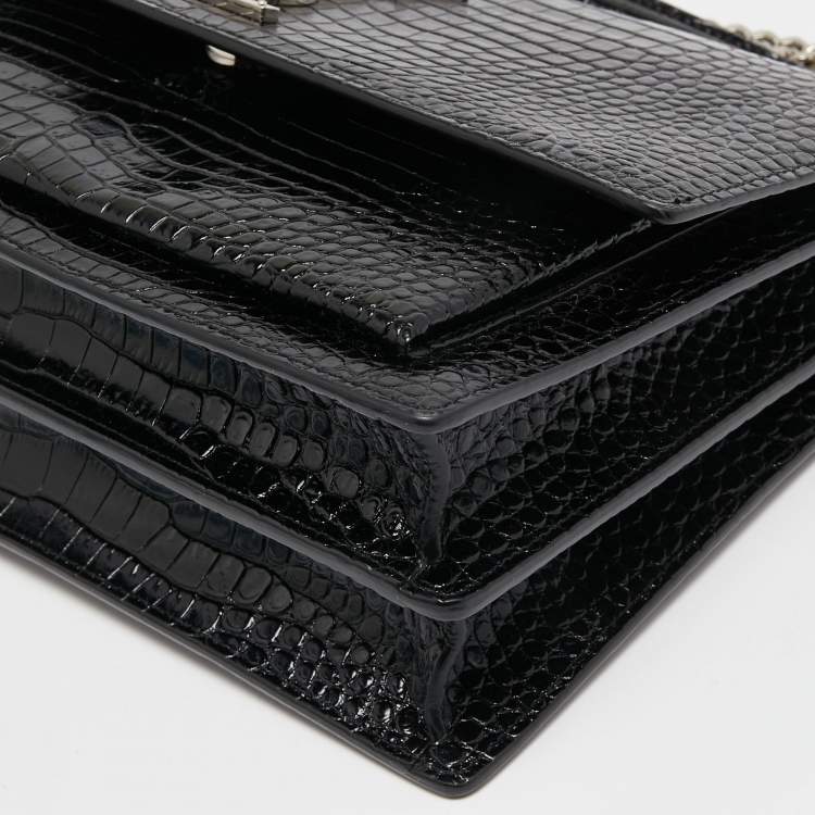 Pre Owned Saint Laurent Black Croc Embossed Leather Large Sunset Shoulder Bag