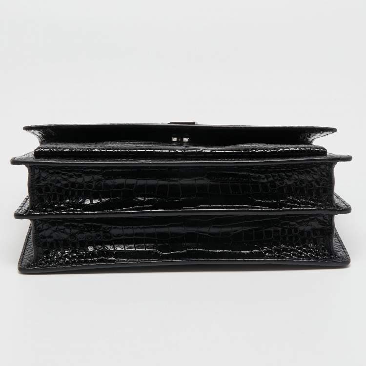 Pre Owned Saint Laurent Black Croc Embossed Leather Large Sunset Shoulder Bag