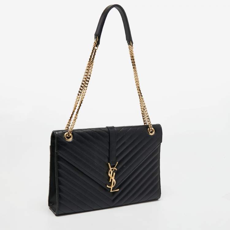 Pre Owned Saint Laurent Black Matelasse Leather Large Monogram Envelope Shoulder Bag