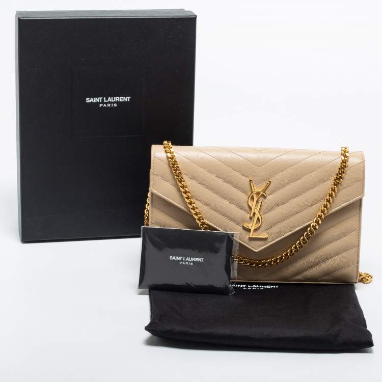 Pre Owned Saint Laurent Beige Matelasse Leather Monogram Envelope Wallet on Chain