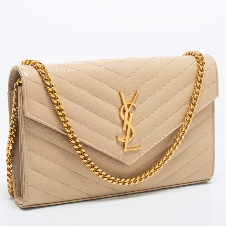 Pre Owned Saint Laurent Beige Matelasse Leather Monogram Envelope Wallet on Chain