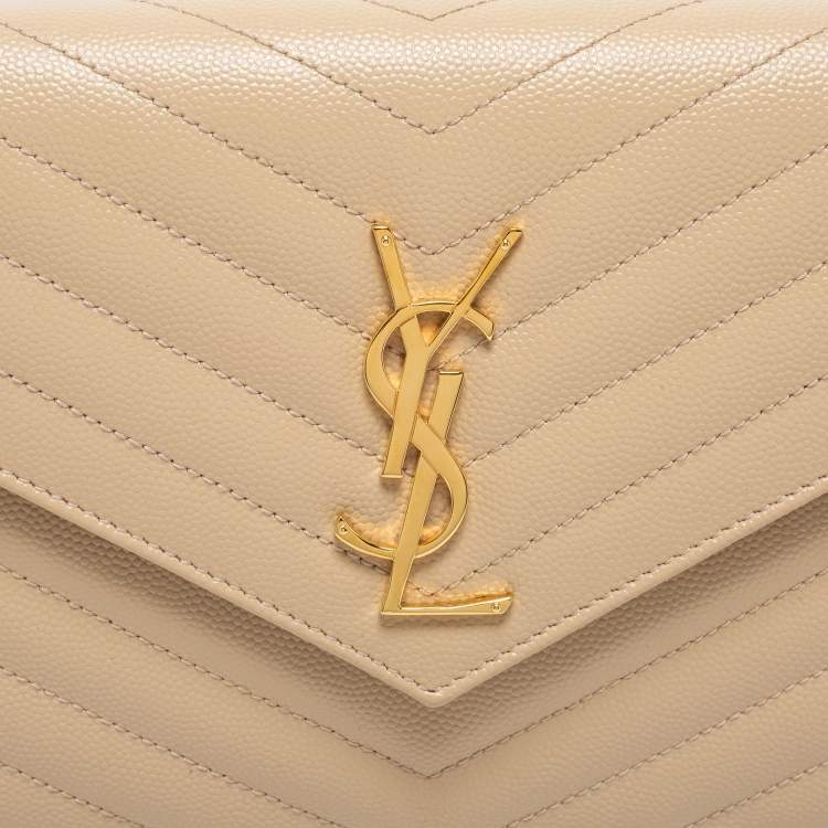 Pre Owned Saint Laurent Beige Matelasse Leather Monogram Envelope Wallet on Chain