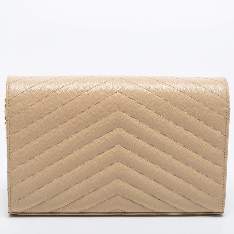 Pre Owned Saint Laurent Beige Matelasse Leather Monogram Envelope Wallet on Chain