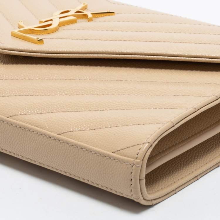 Pre Owned Saint Laurent Beige Matelasse Leather Monogram Envelope Wallet on Chain