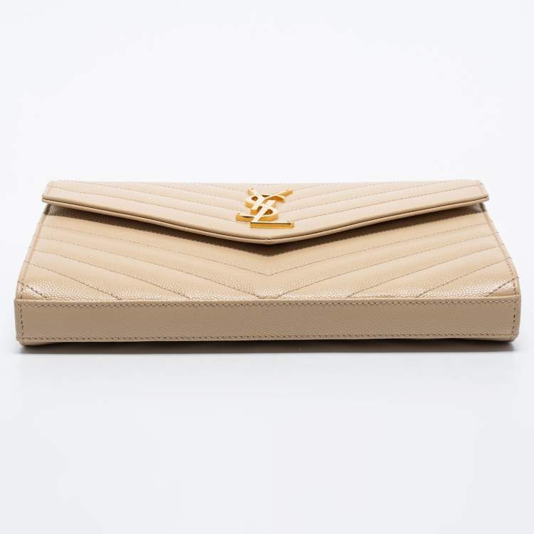 Pre Owned Saint Laurent Beige Matelasse Leather Monogram Envelope Wallet on Chain