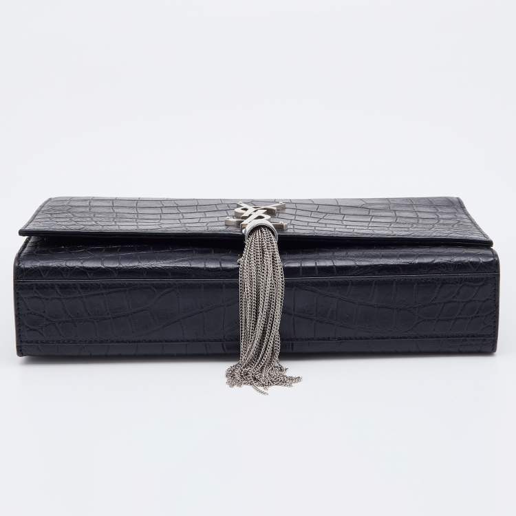 مملوكة مسبقًا Saint Laurent Black Croc Embossed Leather Medium Kate Chain Crossbody Bag