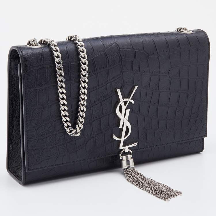 مملوكة مسبقًا Saint Laurent Black Croc Embossed Leather Medium Kate Chain Crossbody Bag