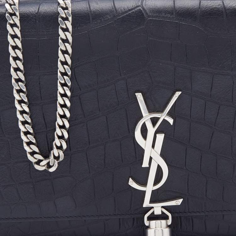 مملوكة مسبقًا Saint Laurent Black Croc Embossed Leather Medium Kate Chain Crossbody Bag