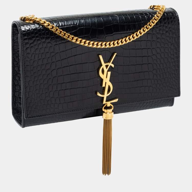 Pre Owned Saint Laurent Black Croc Embossed Leather Medium Kate Tassel Shoulder Bag
