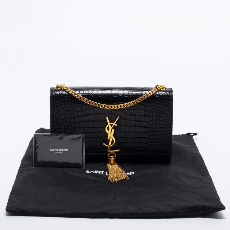 Pre Owned Saint Laurent Black Croc Embossed Leather Medium Kate Tassel Shoulder Bag