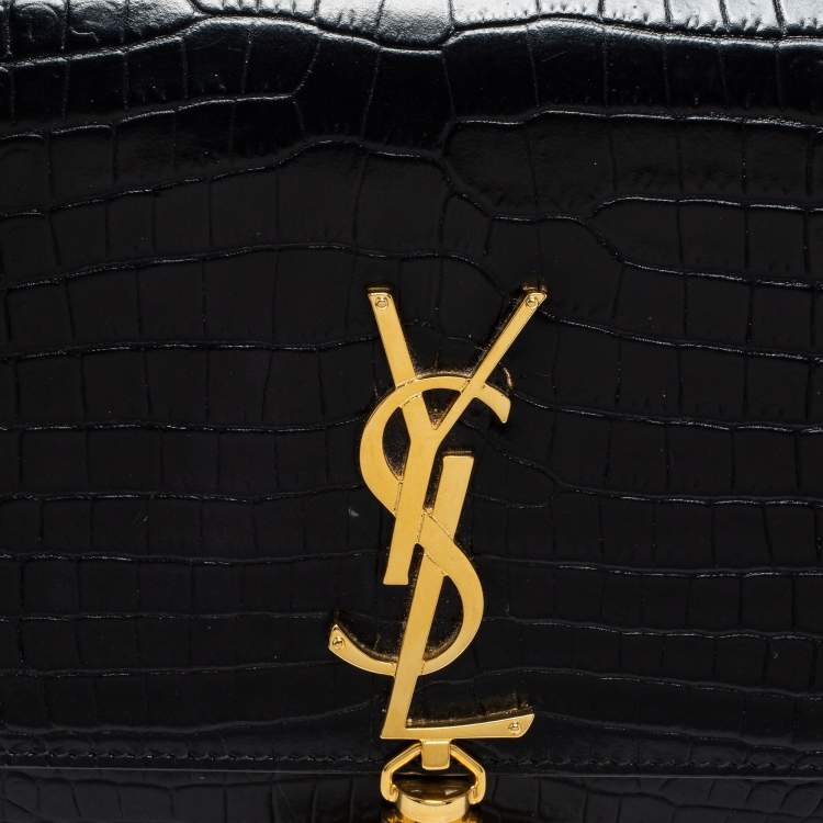 Pre Owned Saint Laurent Black Croc Embossed Leather Medium Kate Tassel Shoulder Bag