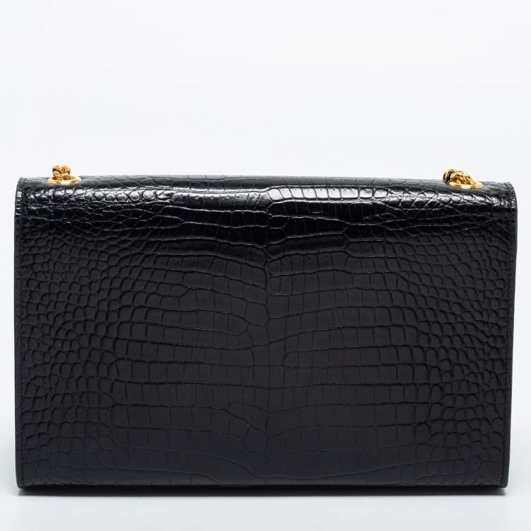Pre Owned Saint Laurent Black Croc Embossed Leather Medium Kate Tassel Shoulder Bag