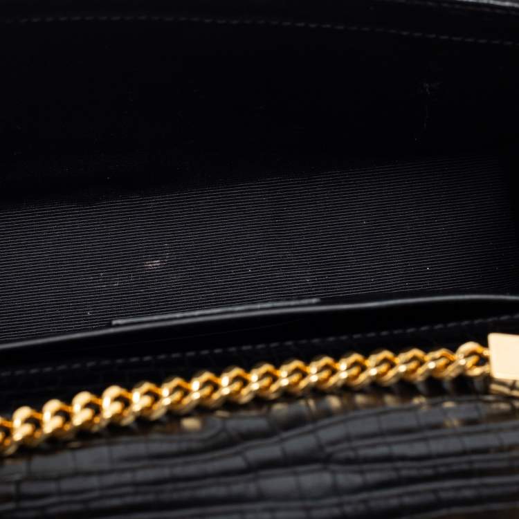 Pre Owned Saint Laurent Black Croc Embossed Leather Medium Kate Tassel Shoulder Bag