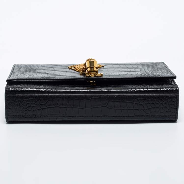Pre Owned Saint Laurent Black Croc Embossed Leather Medium Kate Tassel Shoulder Bag