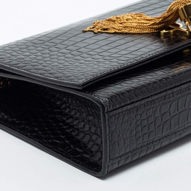 Pre Owned Saint Laurent Black Croc Embossed Leather Medium Kate Tassel Shoulder Bag
