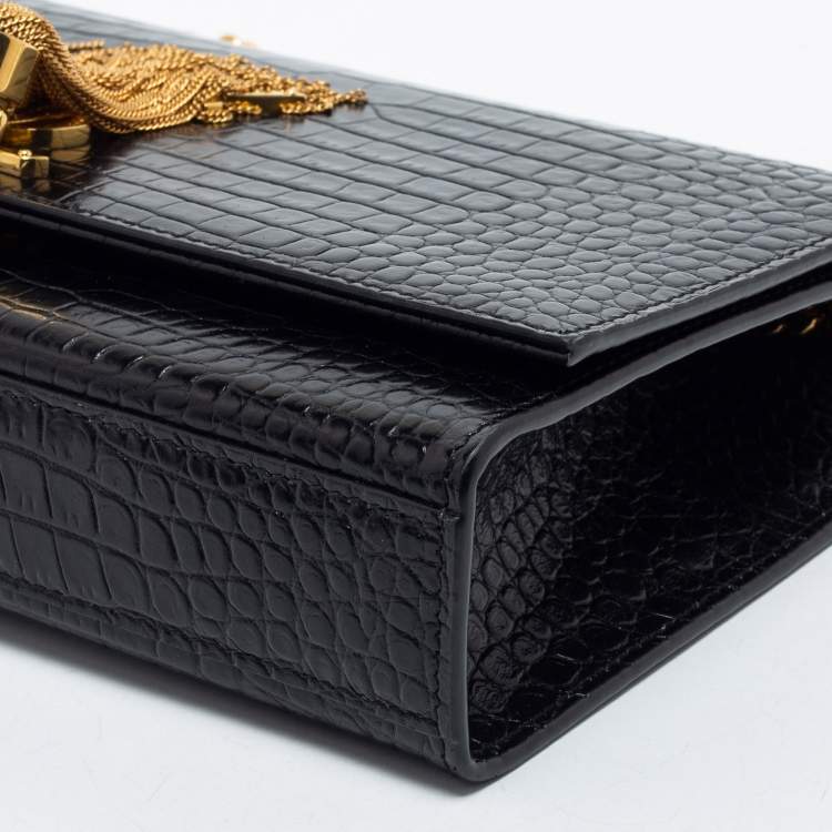 Pre Owned Saint Laurent Black Croc Embossed Leather Medium Kate Tassel Shoulder Bag