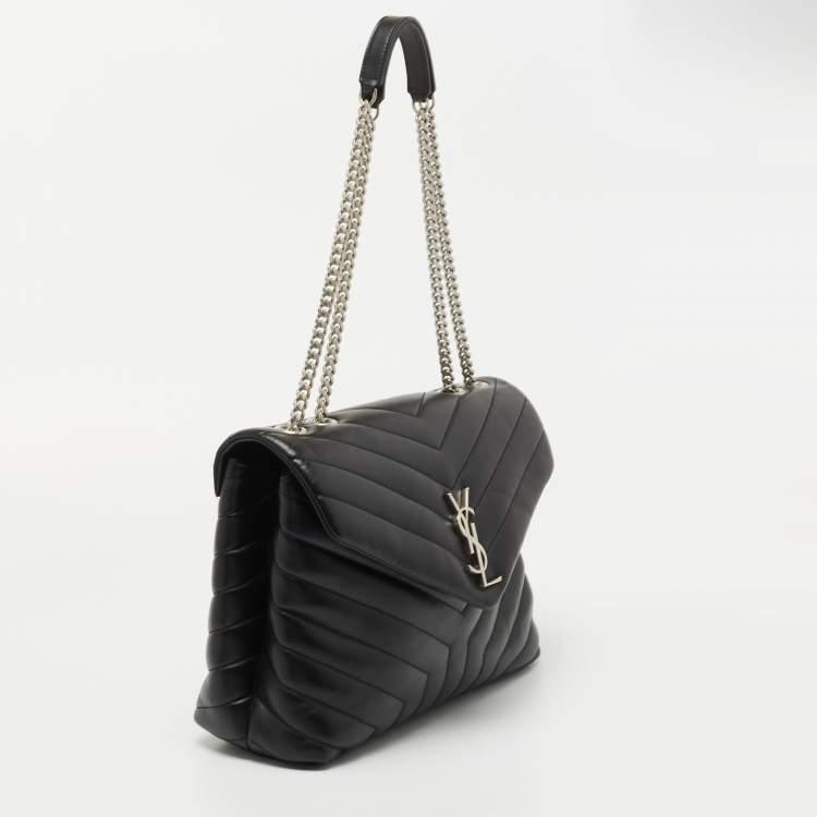 Pre Owned Saint Laurent Black Matelassé Leather Medium Loulou Shoulder Bag