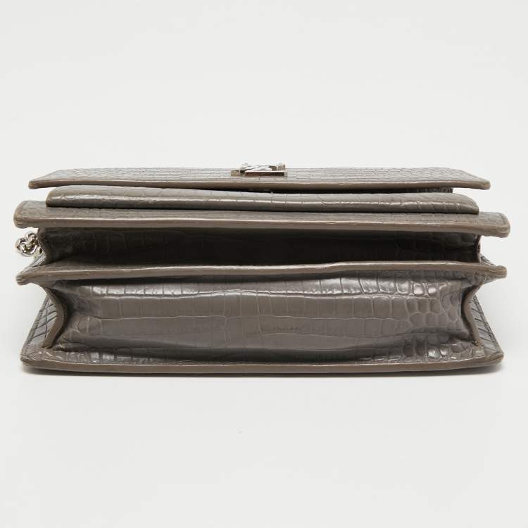 Pre Owned Saint Laurent Grey Croc Embossed Leather Medium Sunset Shoulder Bag