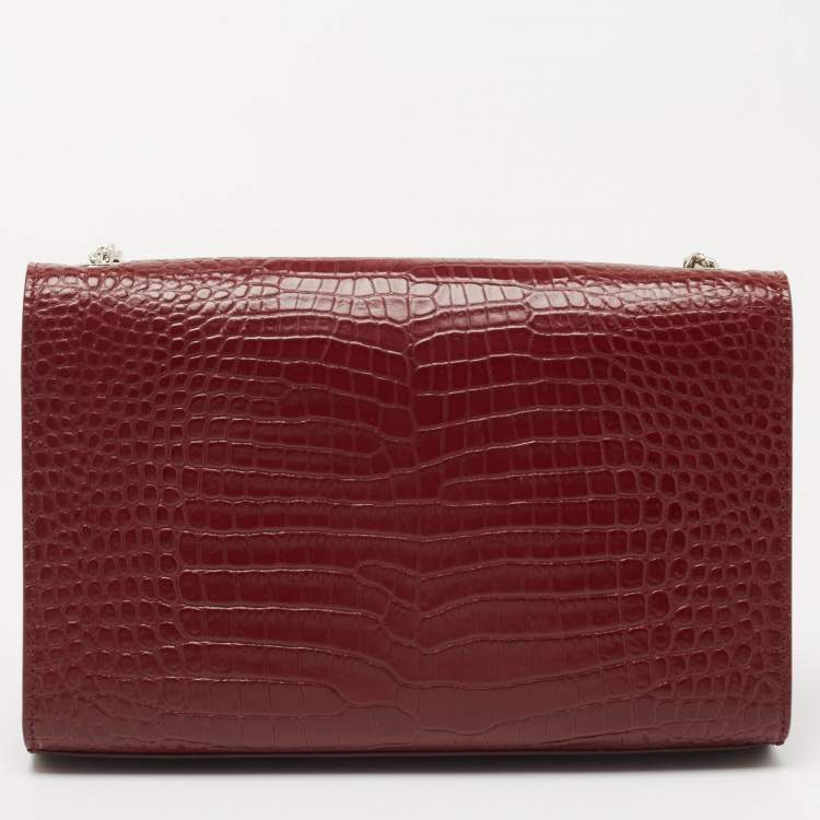 Pre Owned Saint Laurent Maroon Croc Embossed Leather Medium Kate Tassel Shoulder Bag