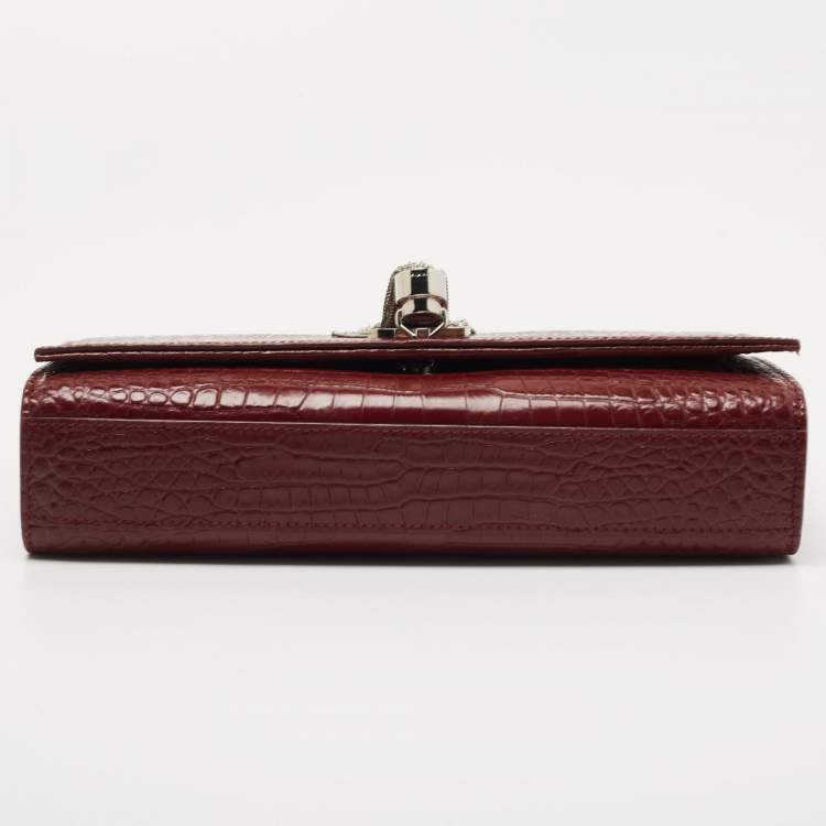 Pre Owned Saint Laurent Maroon Croc Embossed Leather Medium Kate Tassel Shoulder Bag
