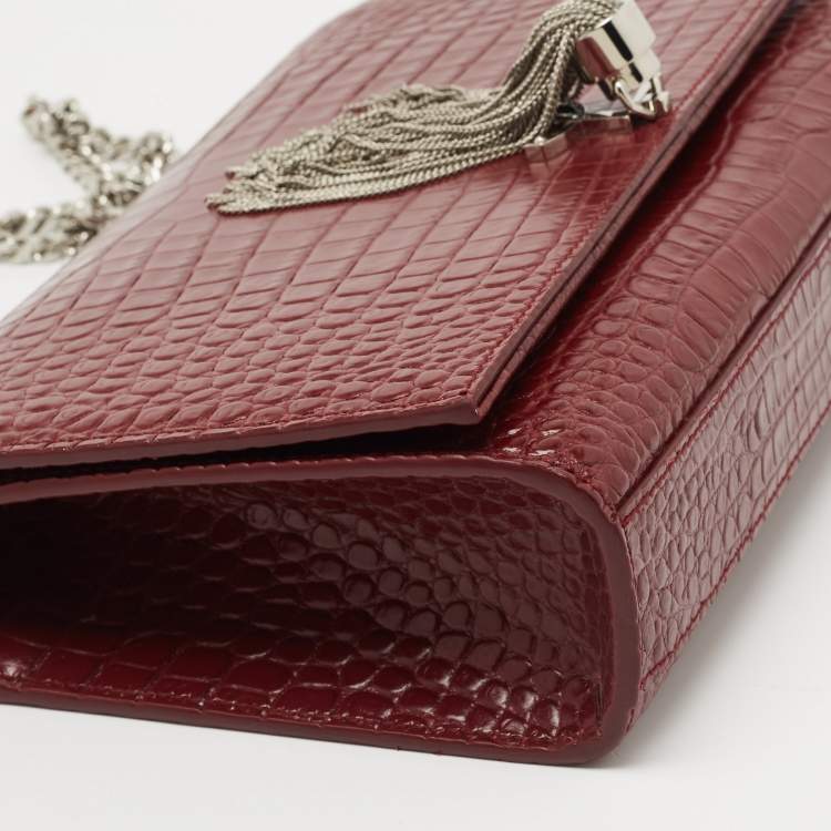 Pre Owned Saint Laurent Maroon Croc Embossed Leather Medium Kate Tassel Shoulder Bag