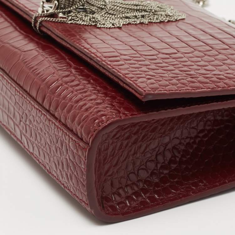 Pre Owned Saint Laurent Maroon Croc Embossed Leather Medium Kate Tassel Shoulder Bag