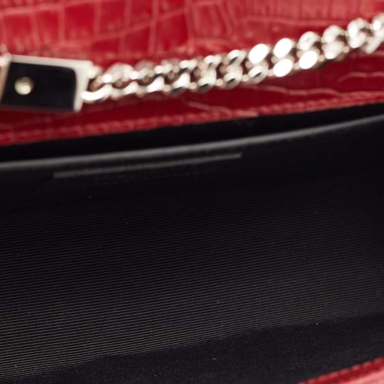 Pre Owned Saint Laurent Maroon Croc Embossed Leather Medium Kate Tassel Shoulder Bag
