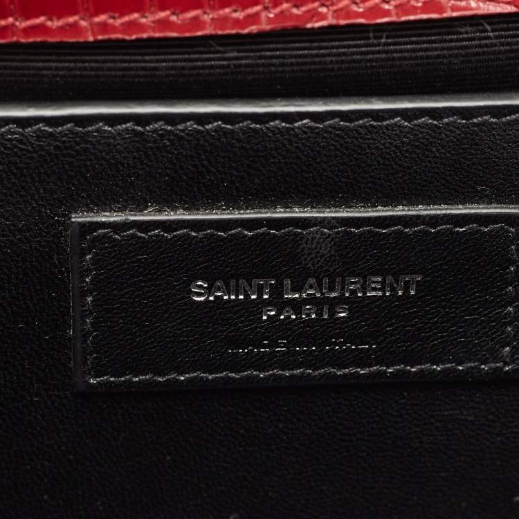 Pre Owned Saint Laurent Maroon Croc Embossed Leather Medium Kate Tassel Shoulder Bag