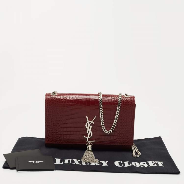 Pre Owned Saint Laurent Maroon Croc Embossed Leather Medium Kate Tassel Shoulder Bag