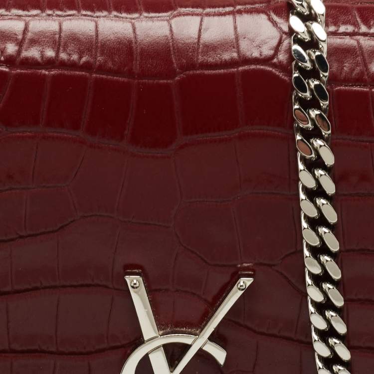 Pre Owned Saint Laurent Maroon Croc Embossed Leather Medium Kate Tassel Shoulder Bag