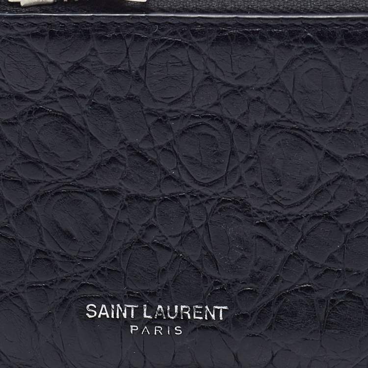 Pre Owned Saint Laurent Black Croc Embossed Leather Zip Card Case