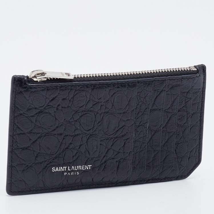 Pre Owned Saint Laurent Black Croc Embossed Leather Zip Card Case