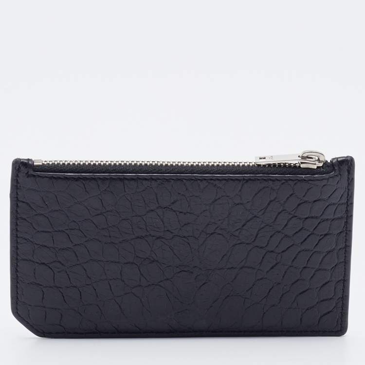 Pre Owned Saint Laurent Black Croc Embossed Leather Zip Card Case