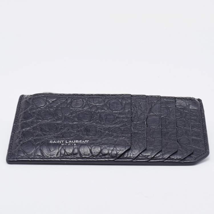 Pre Owned Saint Laurent Black Croc Embossed Leather Zip Card Case