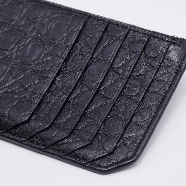 Pre Owned Saint Laurent Black Croc Embossed Leather Zip Card Case
