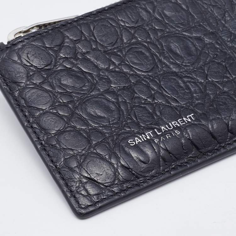 Pre Owned Saint Laurent Black Croc Embossed Leather Zip Card Case