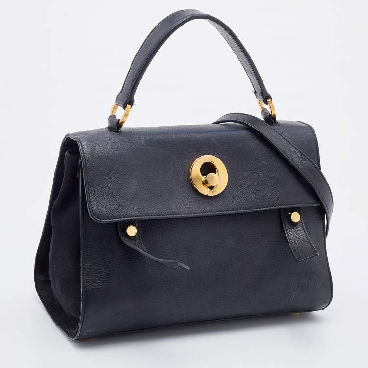 Pre Owned Saint Laurent Black Leather and Canvas Small Muse Two Top Handle Bag