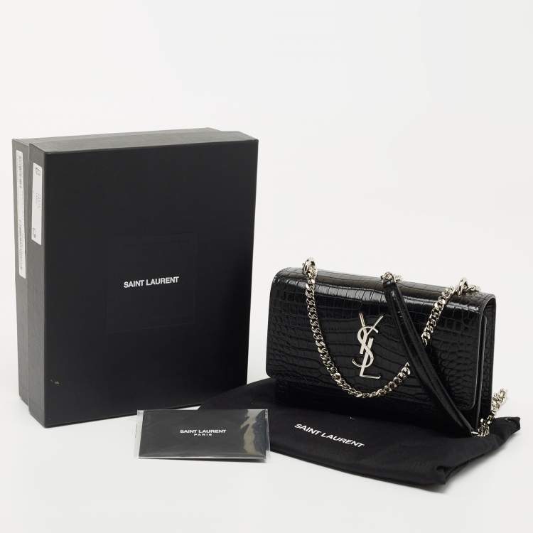 Pre Owned Saint Laurent Black Croc Embossed Leather Sunset Wallet On Chain