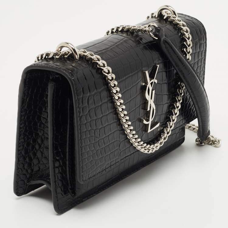 Pre Owned Saint Laurent Black Croc Embossed Leather Sunset Wallet On Chain