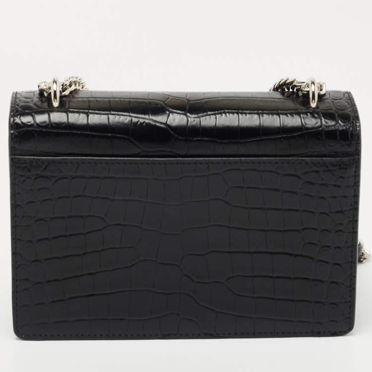 Pre Owned Saint Laurent Black Croc Embossed Leather Sunset Wallet On Chain