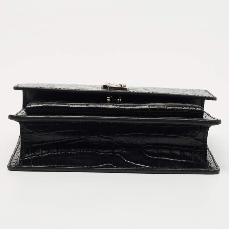 Pre Owned Saint Laurent Black Croc Embossed Leather Sunset Wallet On Chain