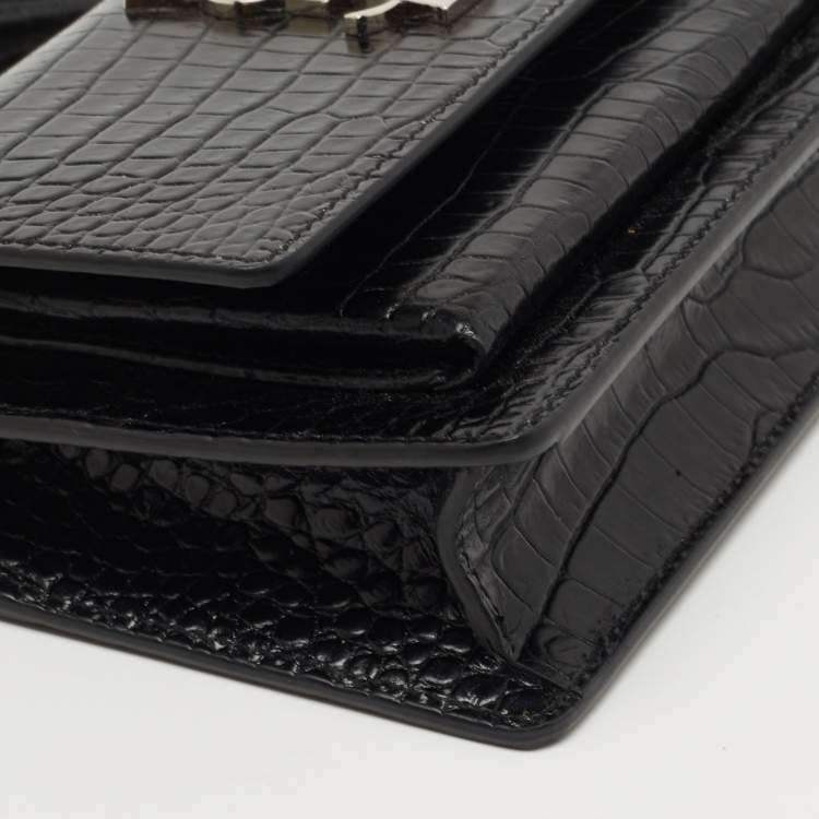 Pre Owned Saint Laurent Black Croc Embossed Leather Sunset Wallet On Chain