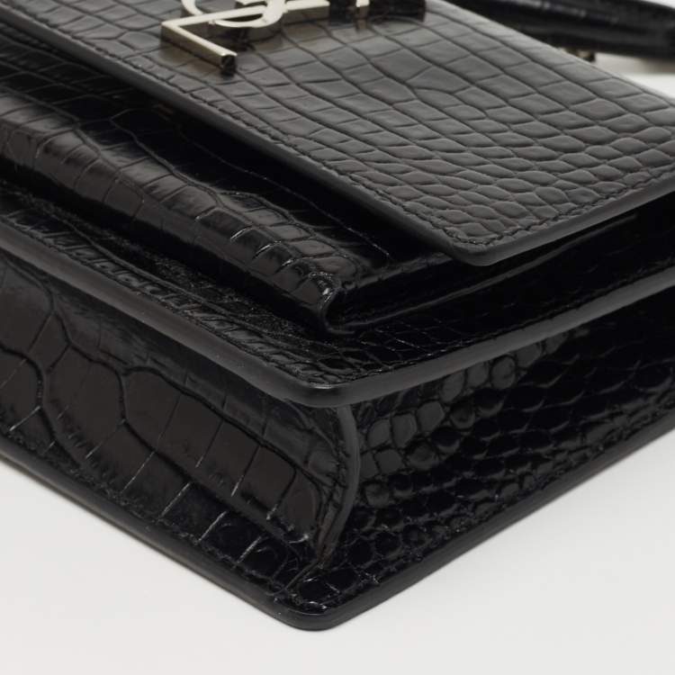Pre Owned Saint Laurent Black Croc Embossed Leather Sunset Wallet On Chain