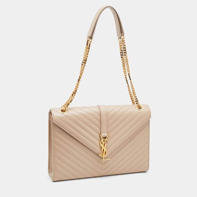 Pre Owned Saint Laurent Beige Matelassé Leather Large Monogram Envelope Shoulder Bag