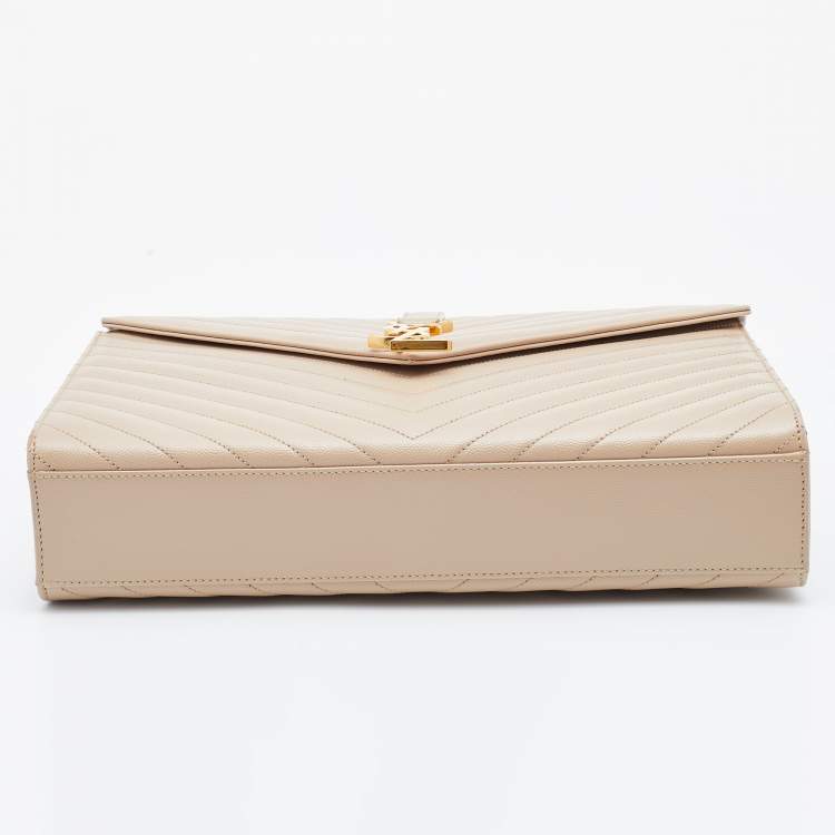 Pre Owned Saint Laurent Beige Matelassé Leather Large Monogram Envelope Shoulder Bag